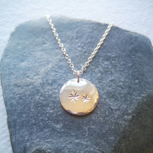 Load image into Gallery viewer, Eco silver star coin disc necklace with two engraved stars on chain