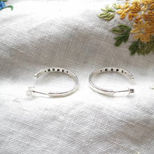 Load image into Gallery viewer, Hopeful hoops - silver hoops with hope text inside, on fabric with yellow & green flowers