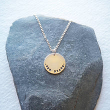 Load image into Gallery viewer, Our stars personalised coin necklace, text stamped on reverse of reycled silver necklace
