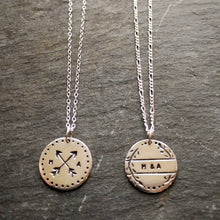 Load image into Gallery viewer, Recycled silver love token necklaces, leaves and crossed arrows designs, both personalised with initials and choice of chains