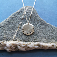 Load image into Gallery viewer, Personalised silver love token necklace, engraved with moon and stars motif and ‘to the moon and back’ text on front and back