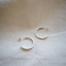 Load image into Gallery viewer, Classic recycled silver hoops side view with scroll back fittings