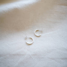 Load image into Gallery viewer, Mini silver hoops side profile with butterfly scroll clasp