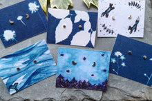 Load image into Gallery viewer, Tiny recycled silver moon studs on a selection of eco friendly illustrated backing cards