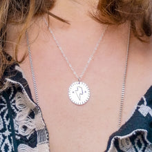 Load image into Gallery viewer, Love token recycled silver necklace with Bowie lightning bolt and initials closeup
