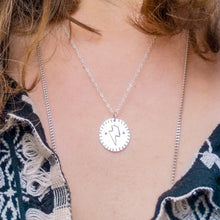 Load image into Gallery viewer, Antique-style David Bowie inspired lightning bolt love token necklace, personalised with initials ‘M’ and ‘A’