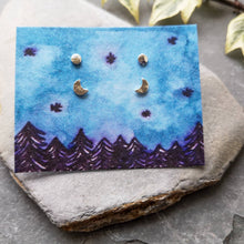 Load image into Gallery viewer, Recycled silver mini moon studs set - two pairs of full and crescent moons on eco card illustrated forest scene