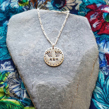 Load image into Gallery viewer, Recycled eco-silver engraved flying swallows disc necklace personalised with initials
