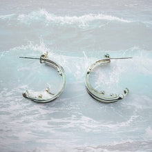 Load image into Gallery viewer, Wild Wave Eco Silver Hoop Earrings with crashing wave background
