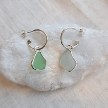Load image into Gallery viewer, Sea Glass Charm Hoops - Small Green &amp; Pale Blue Mismatch Cornish Sea Glass
