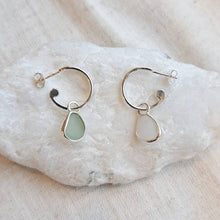 Load image into Gallery viewer, Sea Glass Charm Hoops - Small Green &amp; White Mismatch Cornish Sea Glass
