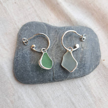 Load image into Gallery viewer, Sea Glass Charm Hoops - Small Green &amp; Pale Blue Mismatch Cornish Sea Glass
