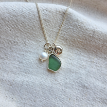 Load image into Gallery viewer, Teal Green Sea Glass, Freshwater Pearl &amp; Mini Wave Pebble Necklace | Cornish Sea Glass Treasure Necklace
