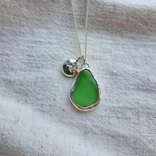 Load image into Gallery viewer, Emerald Green Sea Glass &amp; Crashing Wave Pebble Necklace | Cornish Sea Glass Treasure Necklace
