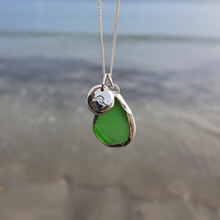 Load image into Gallery viewer, Emerald Green Sea Glass &amp; Crashing Wave Pebble Necklace | Cornish Sea Glass Treasure Necklace

