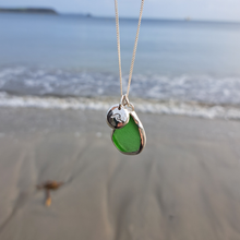 Load image into Gallery viewer, Emerald Green Sea Glass &amp; Crashing Wave Pebble Necklace | Cornish Sea Glass Treasure Necklace
