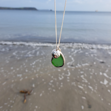 Load image into Gallery viewer, Emerald Green Sea Glass &amp; Crashing Wave Pebble Necklace | Cornish Sea Glass Treasure Necklace
