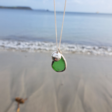 Load image into Gallery viewer, Emerald Green Sea Glass &amp; Crashing Wave Pebble Necklace | Cornish Sea Glass Treasure Necklace
