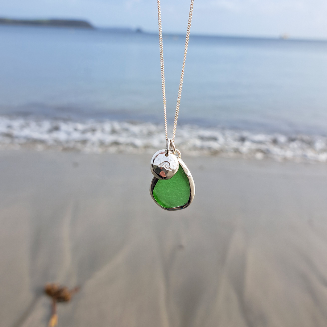 Emerald Green Sea Glass & Crashing Wave Pebble Necklace | Cornish Sea Glass Treasure Necklace