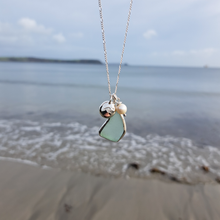 Load image into Gallery viewer, Aqua Sea Glass, Freshwater Pearl &amp; Crashing Wave Pebble Necklace | Cornish Sea Glass Treasure Necklace
