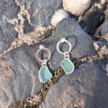 Load image into Gallery viewer, Sea Glass Circle Earrings - Sea Green &amp; Light Blue Mismatch Cornish Sea Glass
