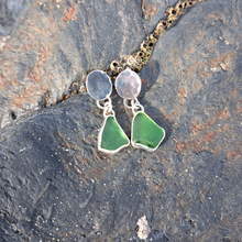 Load image into Gallery viewer, Emerald Green Sea Glass &amp; Silver Hammered Oval Drop Earrings
