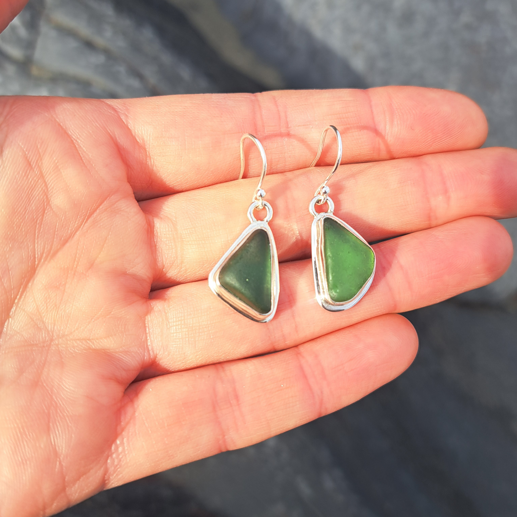 Green Sea Glass Drop Earrings with Wave & Star Back Detail