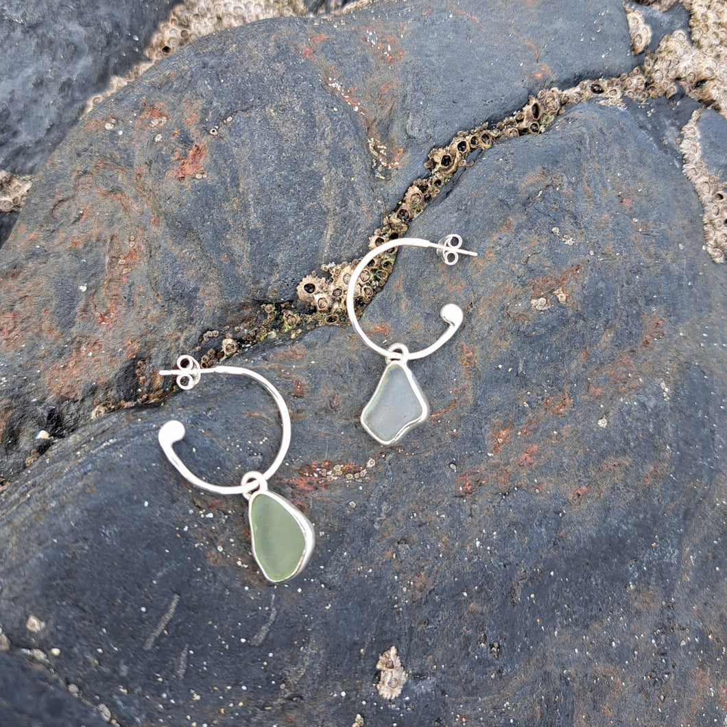 Sea Glass Charm Hoops - Small/ Medium Green & Pale Blue Mismatch Cornish Sea Glass