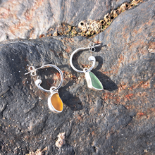 Load image into Gallery viewer, Sea Glass Charm Hoops - Small Orange &amp; Blue Mismatch Cornish Sea Glass
