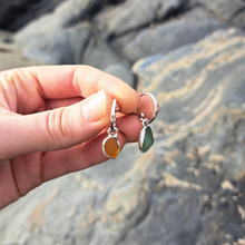 Load image into Gallery viewer, Sea Glass Charm Hoops - Small Orange &amp; Blue Mismatch Cornish Sea Glass
