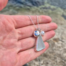 Load image into Gallery viewer, Aqua Sea Glass, Freshwater Pearl &amp; Crashing Wave Pebble Necklace | Cornish Sea Glass Treasure Necklace
