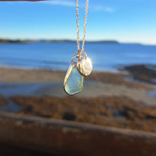 Load image into Gallery viewer, Aquamarine Sea Glass &amp; Radiant Heart Pebble Necklace | Cornish Sea Glass Treasure Necklace
