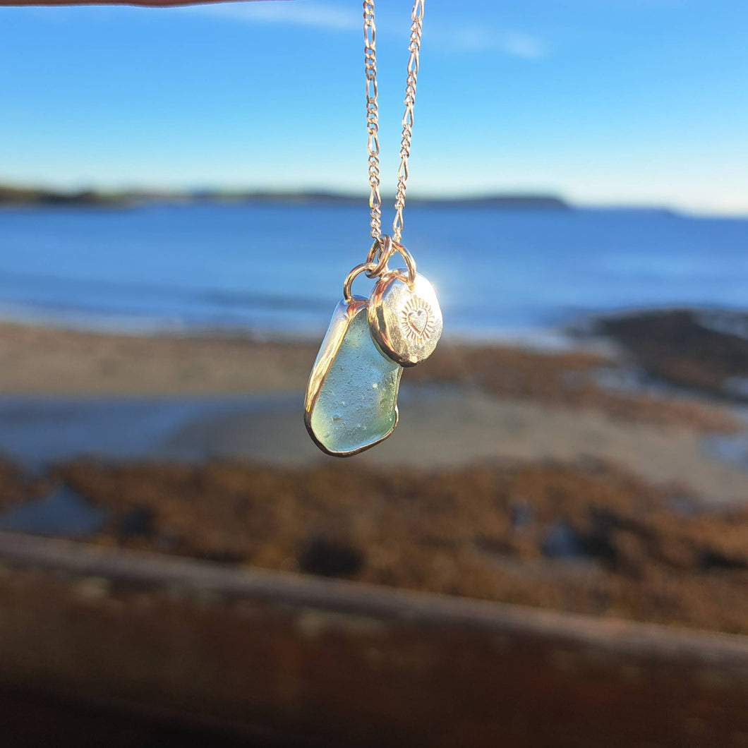 Aquamarine Sea Glass & Radiant Heart Pebble Necklace | Cornish Sea Glass Treasure Necklace