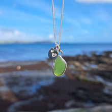 Load image into Gallery viewer, Mini Bottle Green Sea Glass &amp; Recycled Silver Love Hearts Necklace | Cornish Sea Glass Treasure Necklace

