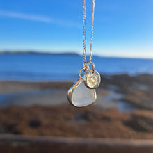Load image into Gallery viewer, Frosted White Sea Glass &amp; Radiant Heart Pebble Necklace | Cornish Sea Glass Treasure Necklace
