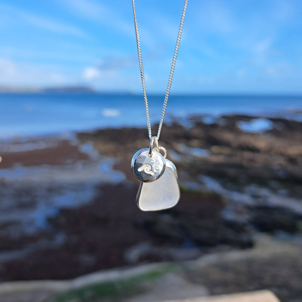 Frosted White Sea Glass & Crashing Wave Pebble Necklace | Cornish Sea Glass Treasure Necklace