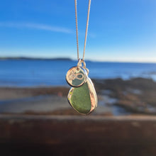 Load image into Gallery viewer, Forest Green Sea Glass &amp; Infinity Anchor Pebble Necklace | Cornish Sea Glass Treasure Necklace
