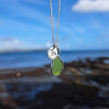 Load image into Gallery viewer, Mini Bottle Green Sea Glass &amp; Recycled Silver Love Hearts Necklace | Cornish Sea Glass Treasure Necklace

