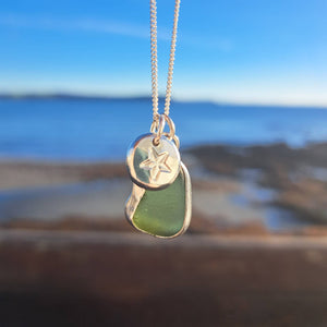 Olive Green Sea Glass & Nautical Star Pebble Necklace | Cornish Sea Glass Treasure Necklace