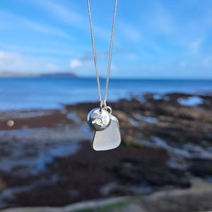Frosted White Sea Glass & Crashing Wave Pebble Necklace | Cornish Sea Glass Treasure Necklace