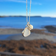 Load image into Gallery viewer, Frosted White Sea Glass &amp; Radiant Heart Pebble Necklace | Cornish Sea Glass Treasure Necklace

