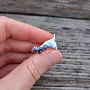 Hammered textured silver Cornwall Cornish map pin held above wooden background