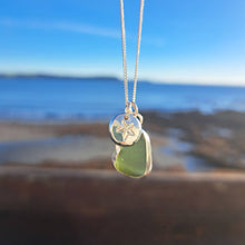 Load image into Gallery viewer, Olive Green Sea Glass &amp; Nautical Star Pebble Necklace | Cornish Sea Glass Treasure Necklace
