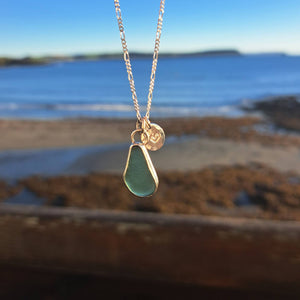 Teal Sea Glass & Recycled Silver Love Hearts Necklace | Cornish Sea Glass Treasure Necklace