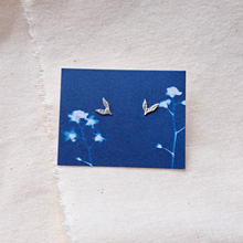Load image into Gallery viewer, Mini silver leaf studs on blue forget-me-not cyanotype printed card background
