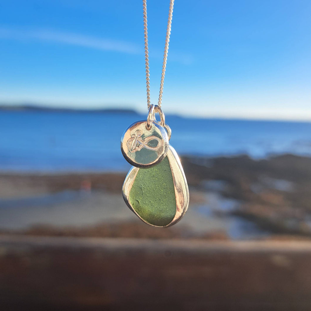 Forest Green Sea Glass & Infinity Anchor Pebble Necklace | Cornish Sea Glass Treasure Necklace