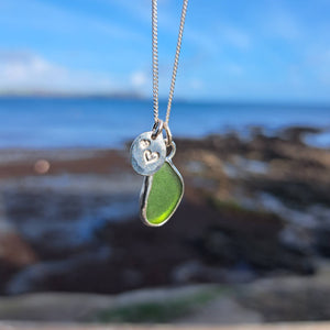 Mini Bottle Green Sea Glass & Recycled Silver Love Hearts Necklace | Cornish Sea Glass Treasure Necklace