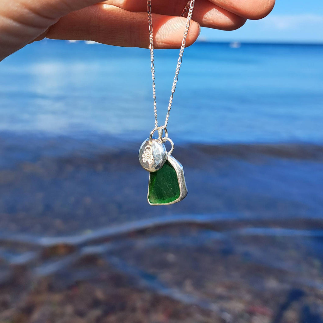 Bottle Green Sea Glass & Crossbones Pebble Necklace | Cornish Sea Glass Treasure Necklace