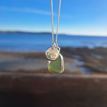 Load image into Gallery viewer, Olive Green Sea Glass &amp; Nautical Star Pebble Necklace | Cornish Sea Glass Treasure Necklace
