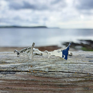 Cornish men's jewellery, Cornwall map silver cufflinks with backdrop of Portscatho bay